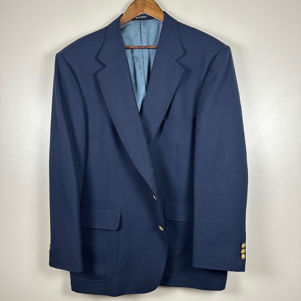 Stafford Mens 50R Blazer Navy Blue Gold Crest Buttons Classic Sport Coat Classic